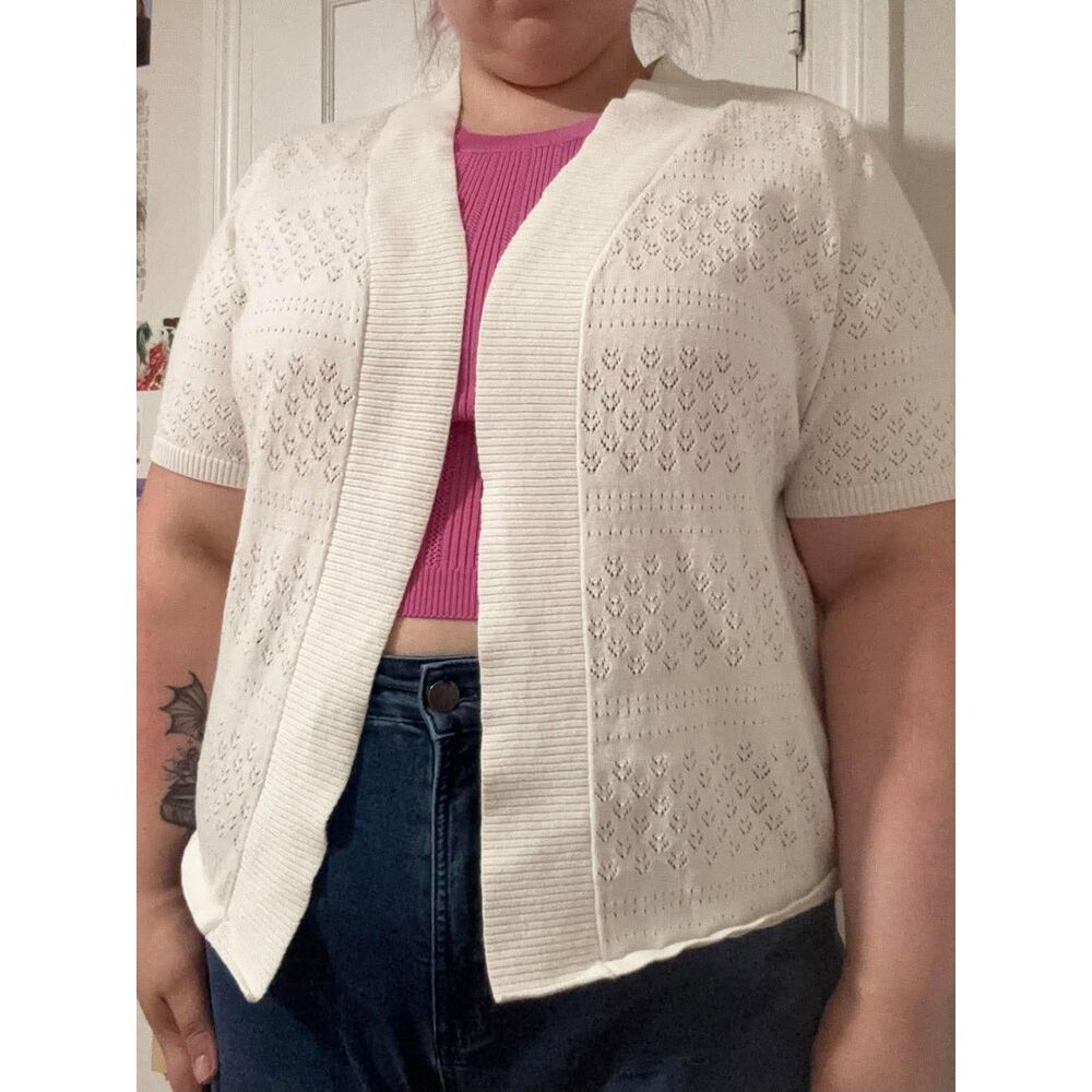 White Designers Originals Cotton Short-Sleeve Crochet Cardigan